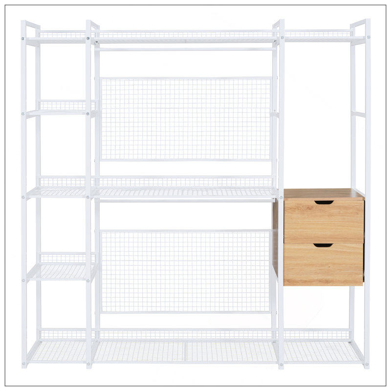 Garde-robe de style ouvert avec rails suspendus, tablettes et tiroirs
