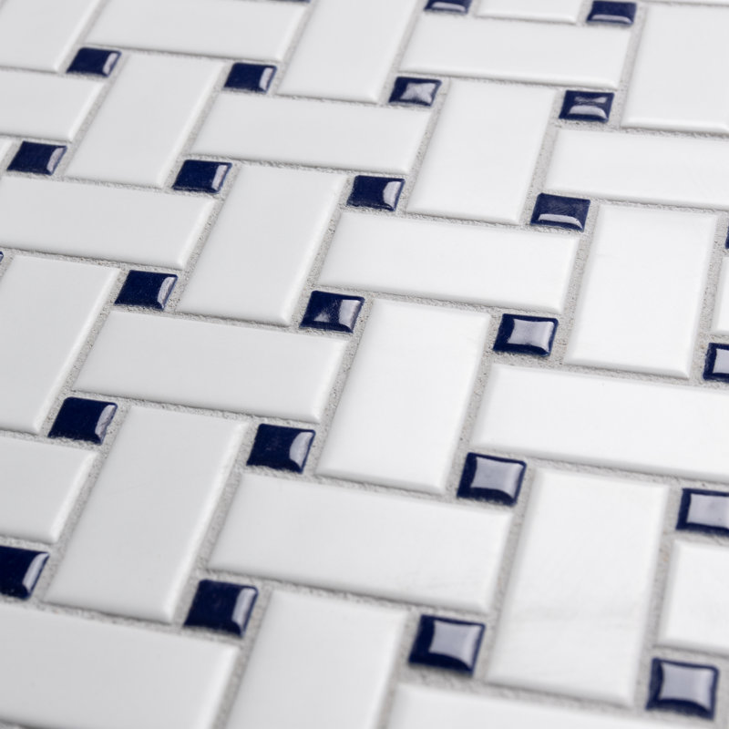 Metro 1.32" x 2" Porcelain Basketweave Mosaic Wall & Floor Tile, White/Cobalt Blue