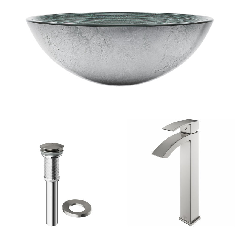 Giovanni Giovanni Round Glass Vessel Bathroom Sink with Faucet, Simply Silver, Brushed Nickel