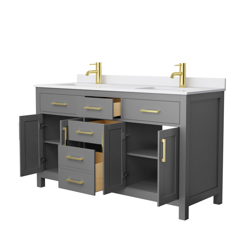 Beckett 60" Freestanding Double Bathroom Vanity with Cultured Marble Top, Dark Gray, White Cultured Marble, Brushed Gold
