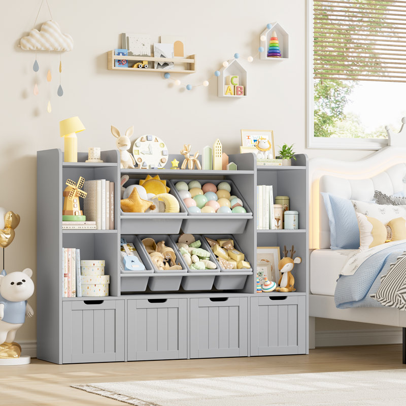 Bibliothèque pour enfants 55,1 "avec 4 tiroirs amovibles, organisateur cubique, gris, Gris