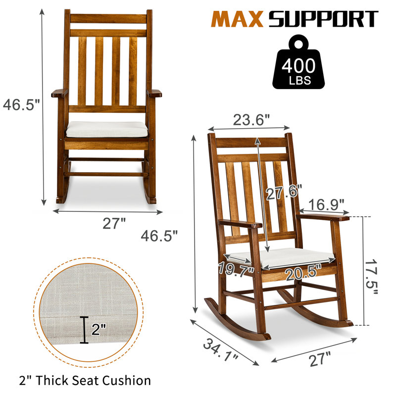 Chaise berçante de patio en bois massif avec finition naturelle, Bois naturel