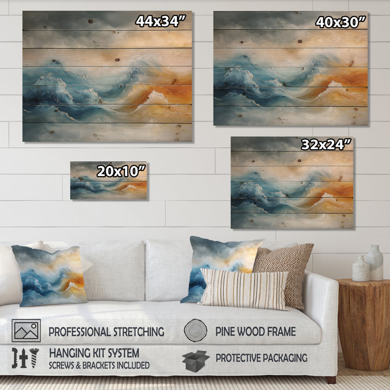 Dream Blue Coastal Waves Turbulence II - impression sur bois de minimalisme - sur bois de pin naturel