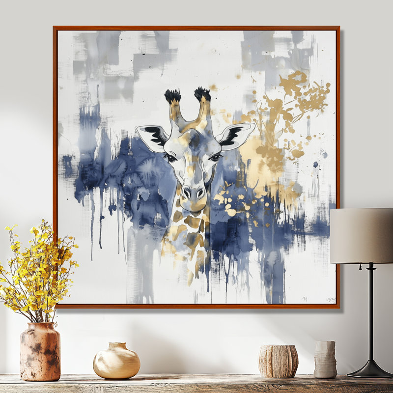 Girafe bleue et dorée II, H 16 po x l 16 po, Reproduction avec cadre flottant, Brun