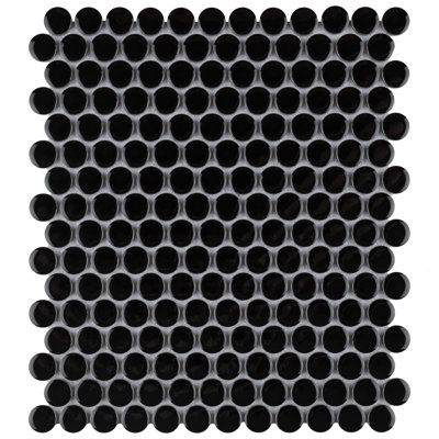 Metro Penny Glossy Black 9-3/4" x 11-1/2" Porcelain Mosaic Floor and Wall Tile