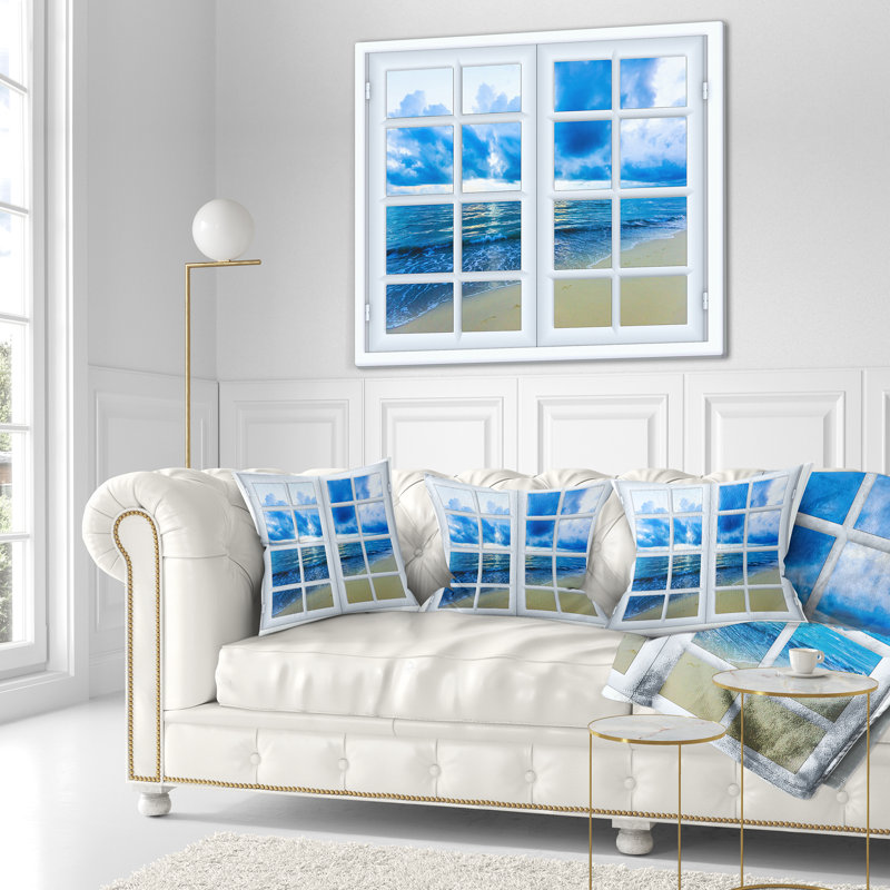 Fenêtre fermée au paysage marin bleu - coussin imprimé paysage, 16 po x 1 po, Coussin décoratif