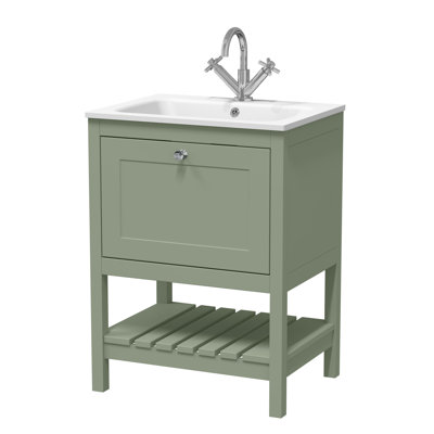 Old London Bexley 600mm Fern Green 1 Drawer Floor Standing Vanity Unit With 1 Tap Hole White Stone Basin