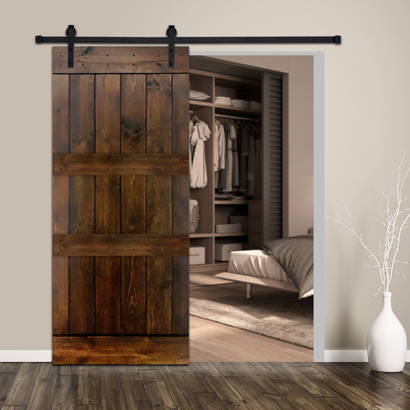 Rustic Brown Solid Pine Wood Sliding Barn Door with Hardware Kit