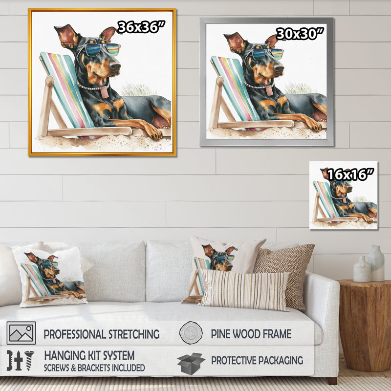 Chien couché sur une chaise à la plage II - reproduction sur toile, L 16 po x H 16 po, Toile tendue