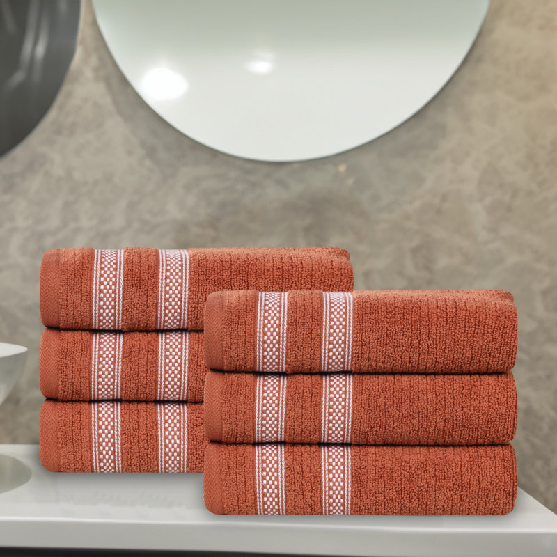 Tylique Zero Twist Cotton Ribbed Modern Geometric Border Soft Highly-Absorbent Hand Towel, Rust