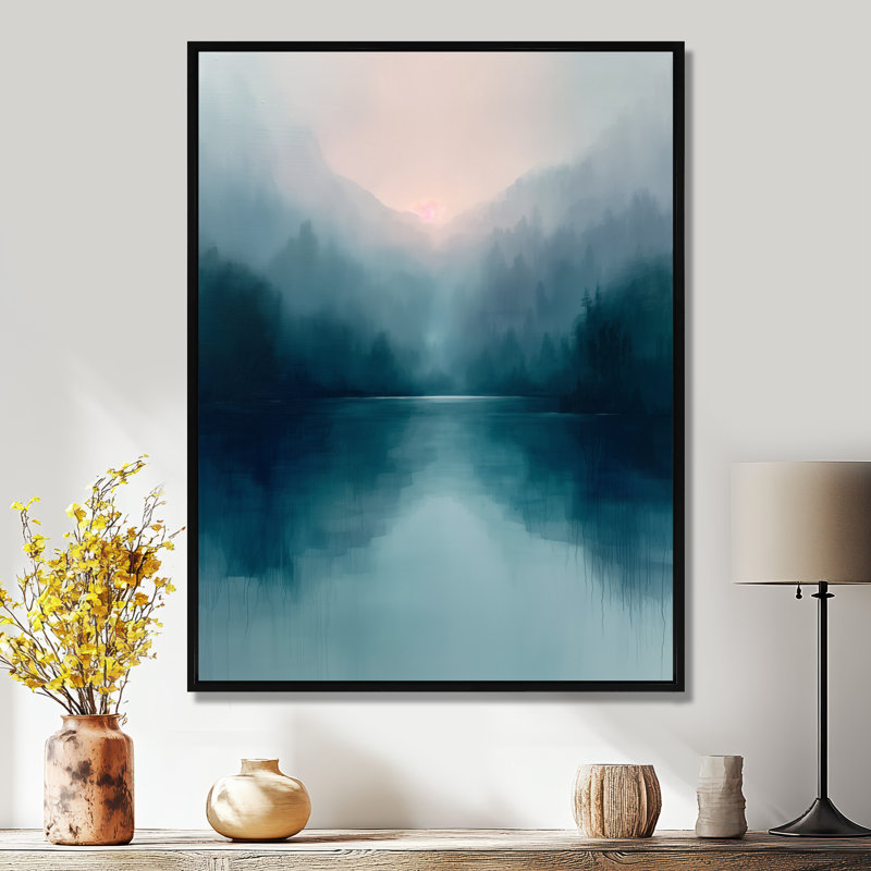 Monochromes gris, bleu, pluie, montagne, hiver, jours II - lac, art mural, salon, Cadre flottant noir, H 12 po x l 20 po