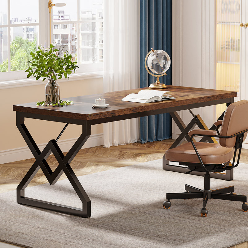 Metal Base Computer Desk, Brown, Black