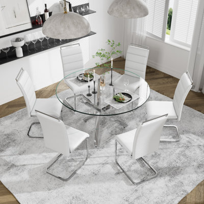 7 Piece Dining Set, Round Dining Table with Tempered Glass and 6 Upholstered Chairs by Mercer41