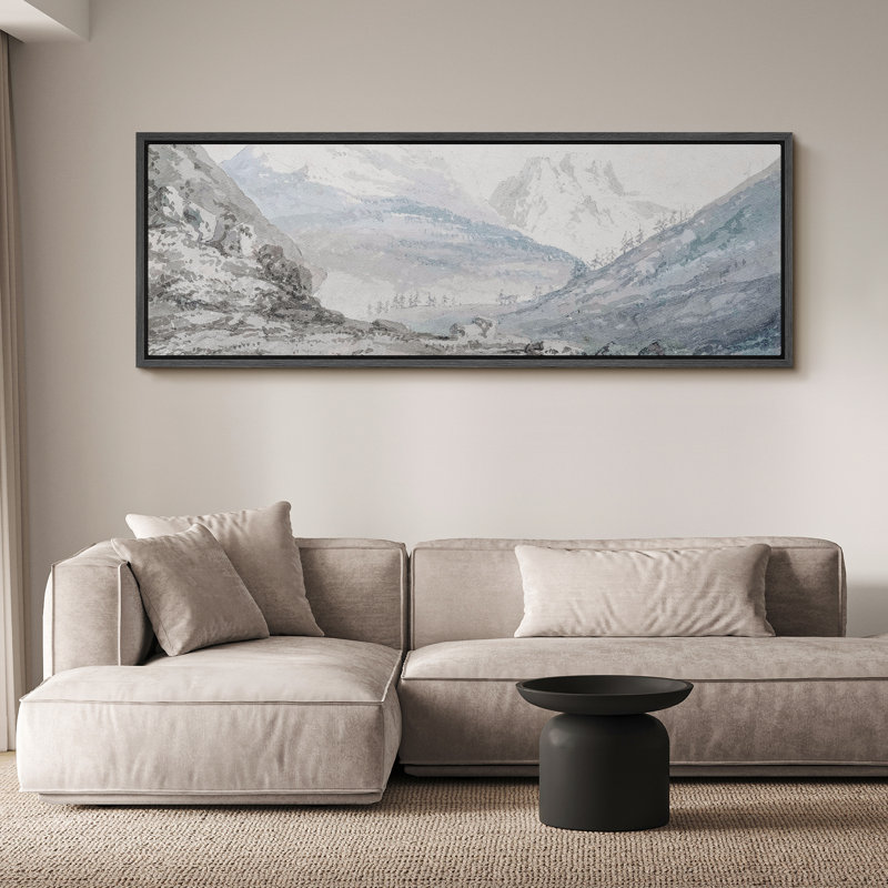 Rustic Countryside Misty Mountain Range, aquarelle encadrée sur toile, H 20 po x l 60 po, Noir, noir, noir, noir