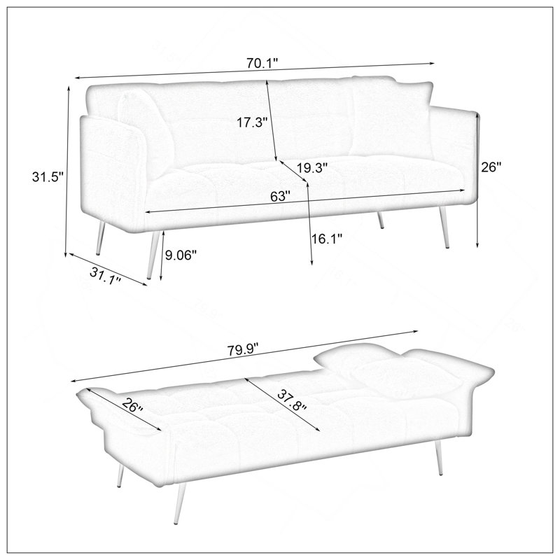 Canapé-lit futon de 70,1 po, canapé-lit double convertible avec accoudoirs rabattables pour les salons et les petits espaces