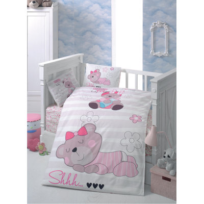 Ensemble de housse de courtepointe en coton doux pour bébé Ranforce, blanc et beige avec des accents roses et noirs | Comprend une housse de couette (39,4 x 59,1 po), un drap plat (39,4 x 59,1 po), 2 taies d'oreiller (13,8 x 17,7 po) | 117 fils, lavable