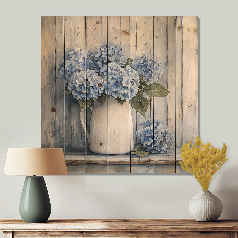 Minimalisme hortensias dans un pot à lait II - Art mural en bois d'hortensias - sur bois de pin naturel