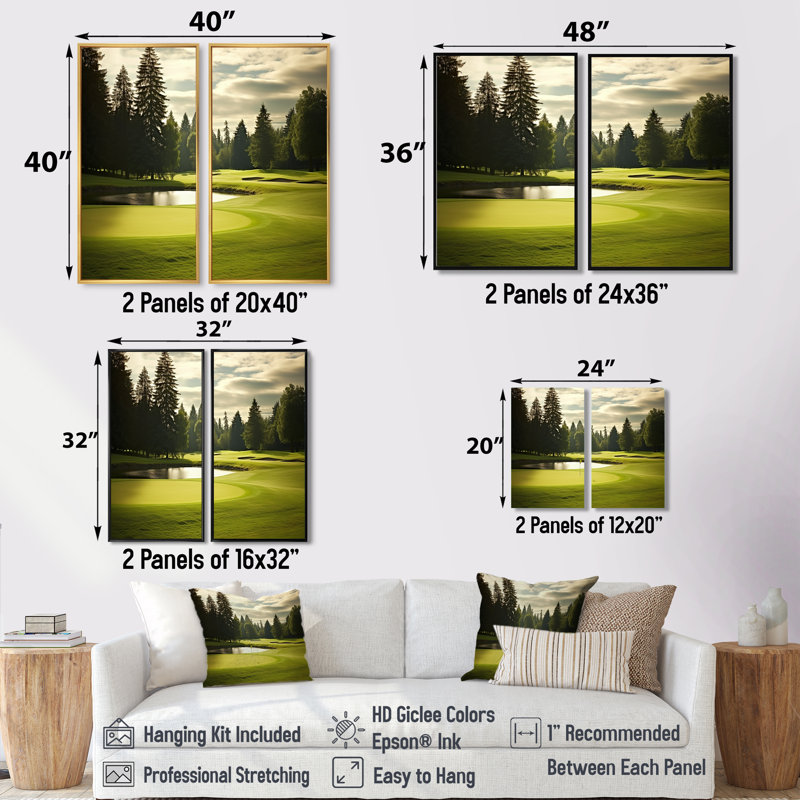 Golf Fairway Serenity - art mural moderne, 20" H x 24" W, Brown, Impression encadrée flottante