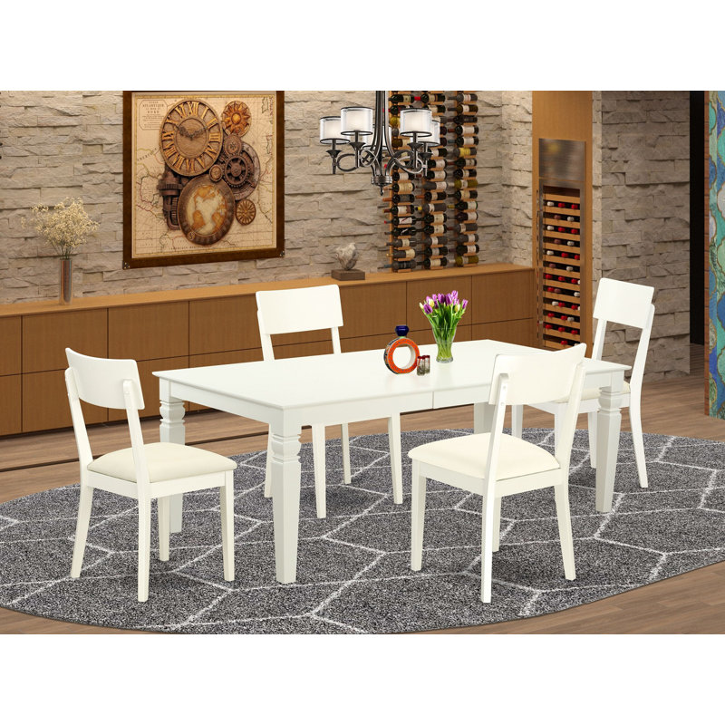 Ensemble de salle à manger 5 pièces comprenant une table de salle à manger rectangulaire avec rallonge papillon et 4 chaises de cuisine revêtues de similicuir, blanc lin
