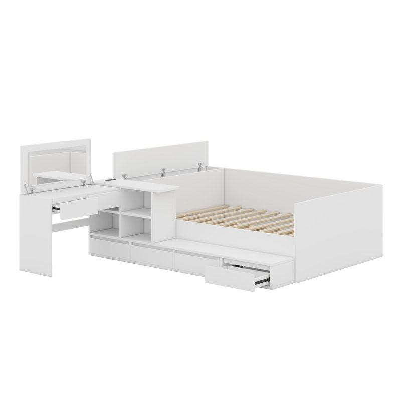 Lit plateforme en bois avec tiroirs, tablettes et coiffeuse, Blanc