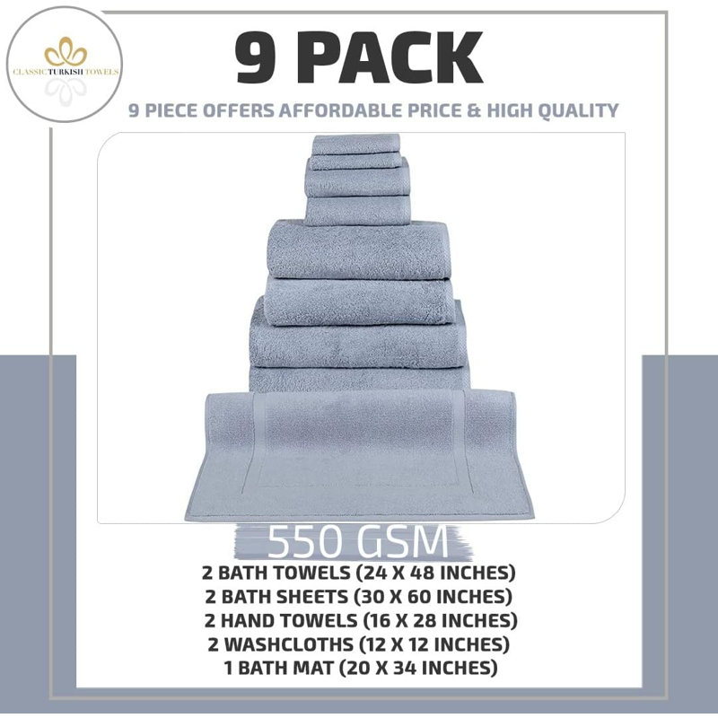 Ensemble de serviettes de bain 9 pièces avec tapis de bain Blatec, Bleu clair