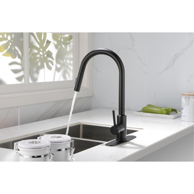Matt Black Kitchen Faucet With Pull Down Spray Head - Stainless Steel, 360 Rotating Nozzle, Corrosion And Rust Surface, Single Handle For Water Temperature Regulation In Steel Material, Treatment,
