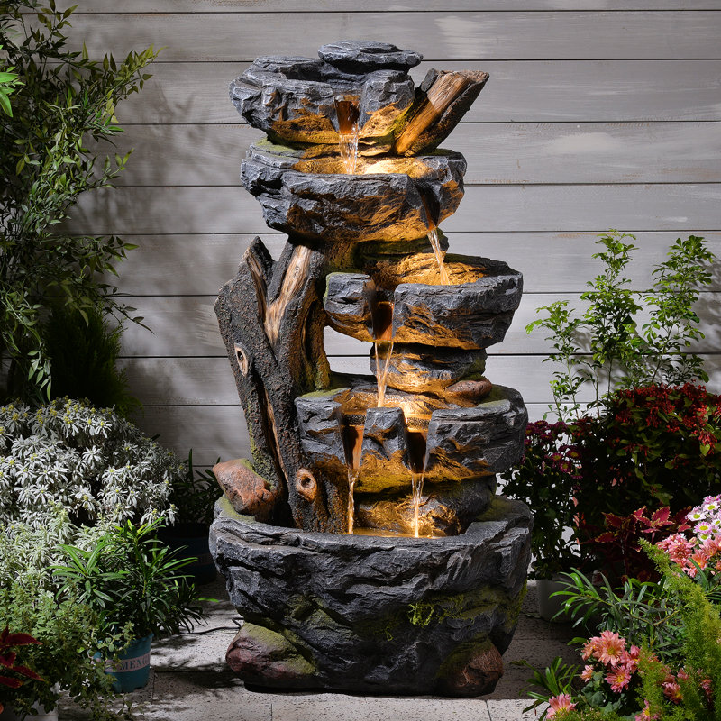 Grande fontaine en cascade de 47,2 po à 5 niveaux avec cascade de pierres et de troncs d'arbre avec lumières à DEL, débit d'eau relaxant pour le jardin, le patio, la cour et le porche