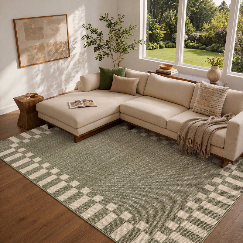 Fifth Avenue Check Border Rug, Olive,Off-White, Rectangle 152 x 225 cm
