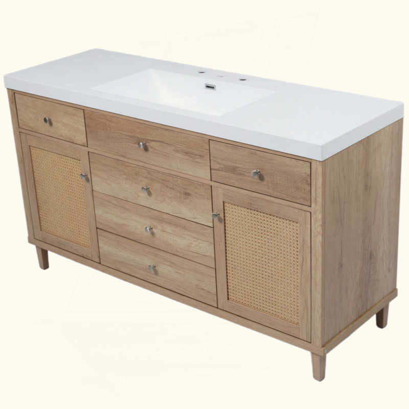 Meuble-lavabo avec lavabo SMC, grande armoire de rangement moderne avec tiroirs à fermeture en douceur et portes en rotin, boutons en métal argenté et 5 pieds en pin