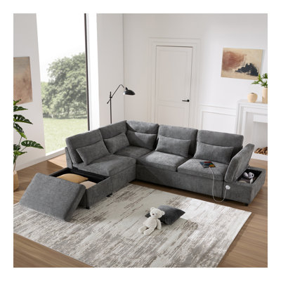 107'' Modular Sectional Pull-out Sofa, L shape with Wide Seats, Free Movement Storage Ottoman, Free Combination, Oversized Chenille Sofa for Living Room & Apartment, 2 colors