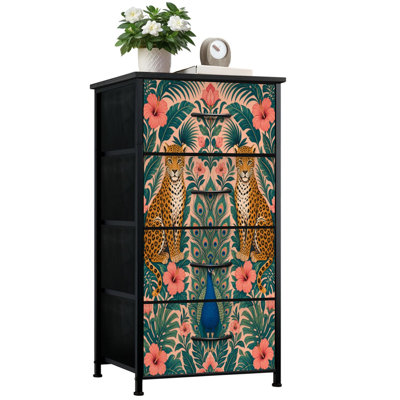 Dresser for Bedroom with 4 Storage Drawers Leopard Jungle Animal Boho Leaf Leopards Peacocks Tropical Dressers Chest of Drawers Steel Framed Fabric Closet Organizers for Dorm Entryway