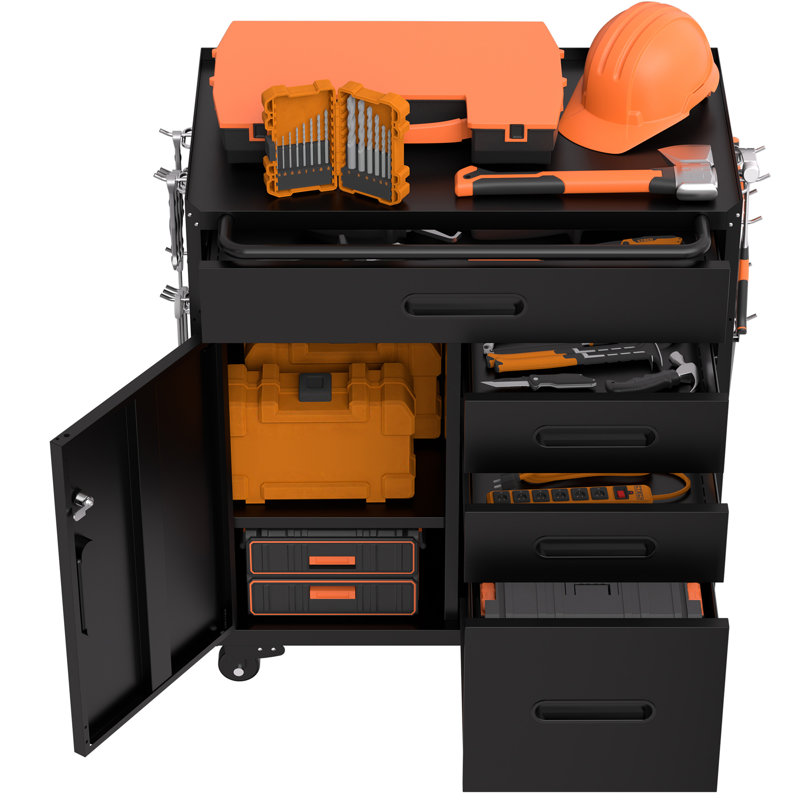 Armoire de rangement pour outils 34,3 "- Organisateur de garage avec compartiment verrouillable et 4 tiroirs, coffre en acier roulant pour atelier et garage