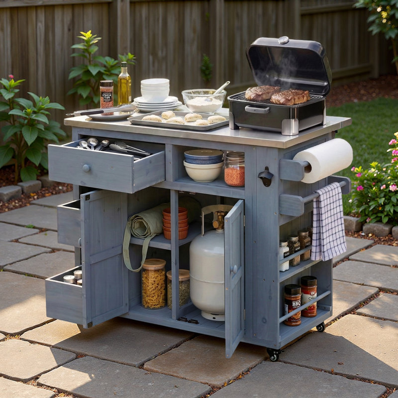 Îlot de cuisine extérieur avec plateau en acier inoxydable, support à épices latéral, tiroirs, support à papier, porte-serviettes et tablette ouverte