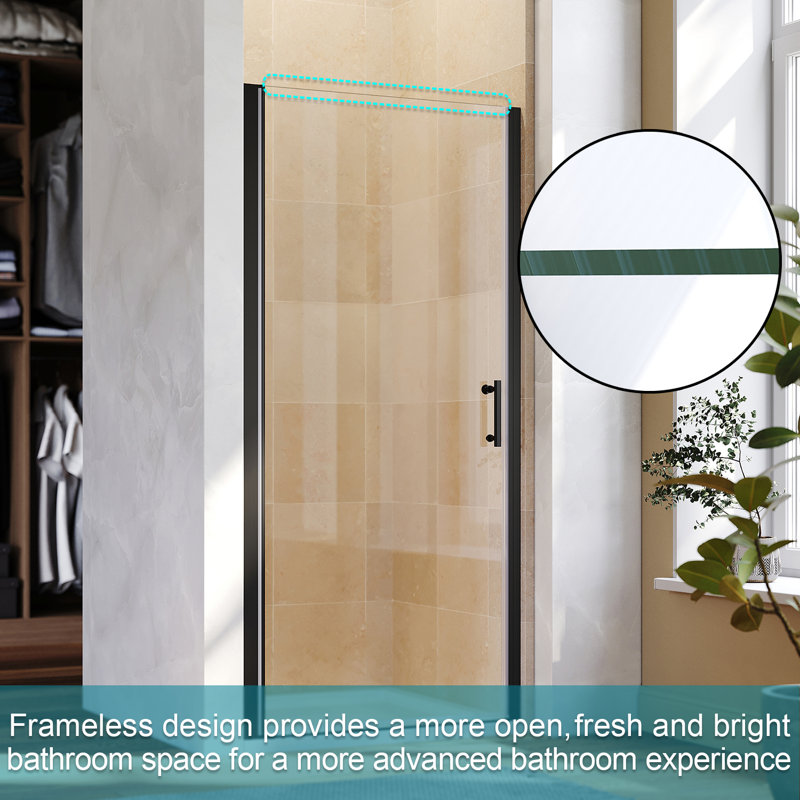 Landin 1850mm H Hinged Frameless Shower Door with Clear Glass, 76"