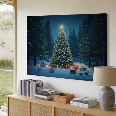 Canvas A Beautifully Decorated Christmas Tree Stands Majestically In A Serene Wall Art Snow Covered Forest At Night Illuminated By Canvas Wall Art