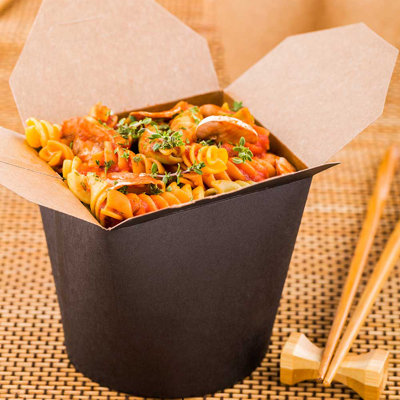 Restaurantware-Bio Tek 4 x 3.4 x 3.7 Inch Food Containers, 50 Durable Noodle Boxes - Disposable, Sustainable, Black Paper 26-Ounce Takeout Boxes, Round, For Takeouts And Delivery, Or Picnics