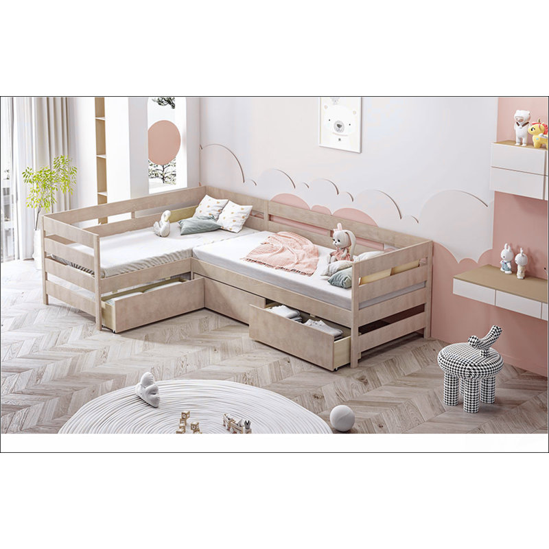 Lit plateforme simple en forme de L avec trois tiroirs de rangement, finition en bois naturel pour une esthétique et une fonctionnalité améliorées