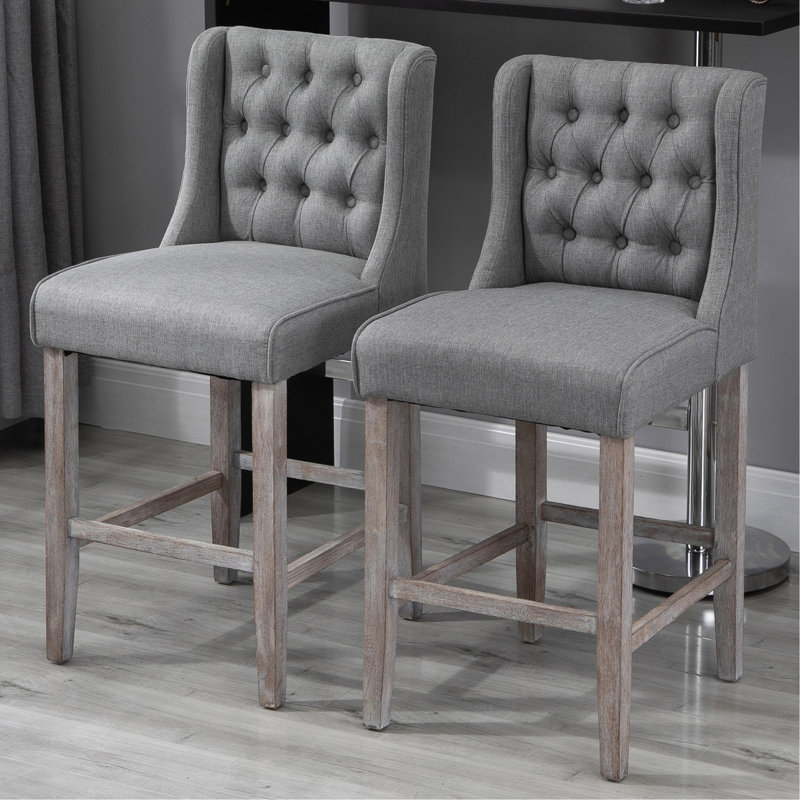 26.25" Counter Height Bar Stools, Tufted Wingback Armless Upholstered Dining Chair With Rubber Wood Legs, Set Of 2, Gray