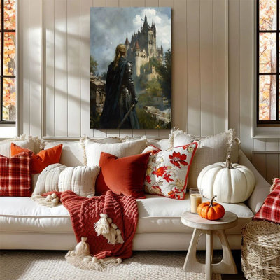 Framed Canvas Wall Art - Medieval Knight & Grand Castle, Realistic - 24" x 36" for Living Room & Office