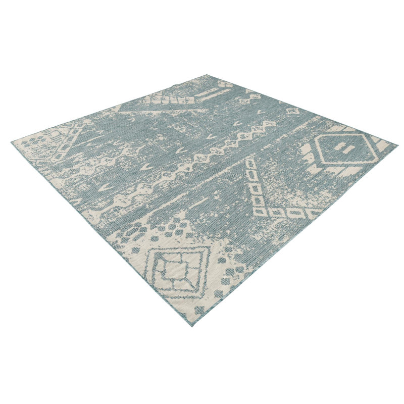 Tapis d'extérieur équivine de couleur turquoise-ivoire clair, Carré 7 pi