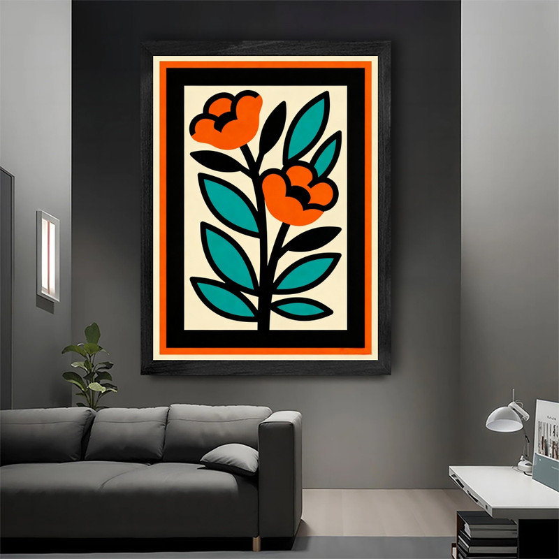 Art mural rétro noir avec motif floral - décorations bohème Mid-Century, H 37 po x l 25 po