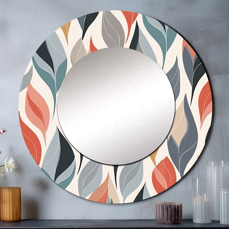 Retro AbstractáLeaves I - Geometric Unique Mirror, Modern Large Round Wall Mirror, Printed Metal Art, 29" x 29"