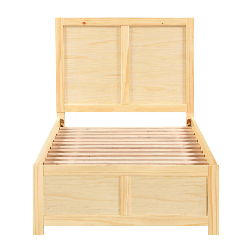 Lit simple de style contemporain avec finition en pin naturel, tête de lit et support à lattes, rails modernes de style chambre à coucher, cadre serein