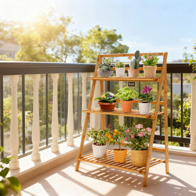 Étagère pliable à 3 niveaux pour porte-plante en bambou pour l'intérieur et l'extérieur, organisateur de porte-plante à plusieurs niveaux avec structure triangulaire robuste