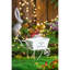 4 pouces de large, blanc antique, jardinière brouette patinée, décor, fausses fleurs, petits outils, plantes grasses fraîches