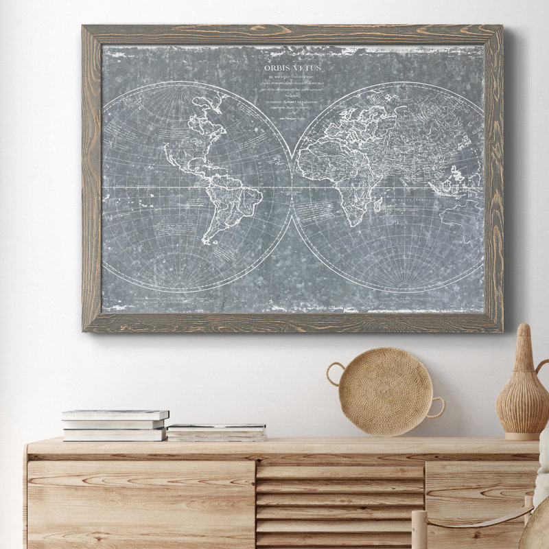 Carte du monde galvanisée, reproduction d'art graphique sur toile, H 31 po x l 44 po x P 1 po, Encadré gris