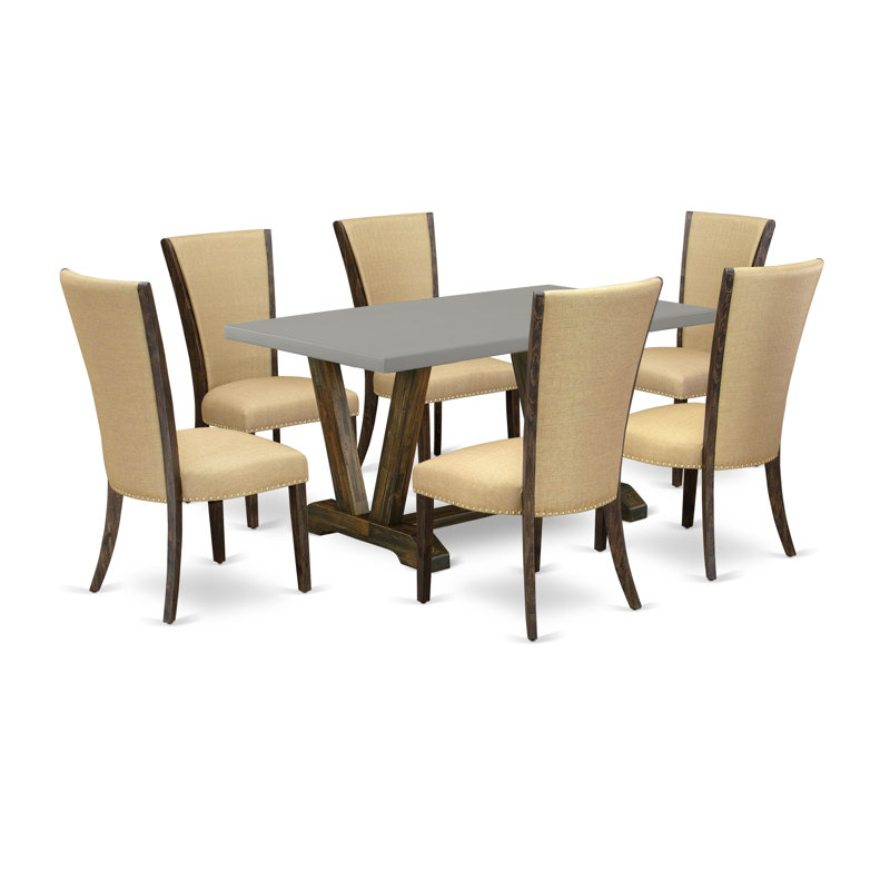 7-Pc Dinner Table Set Contains a Cement Dining Room Table and 6 Brown Linen Fabric Dinner Chairs - Distressed Jacobean Finish