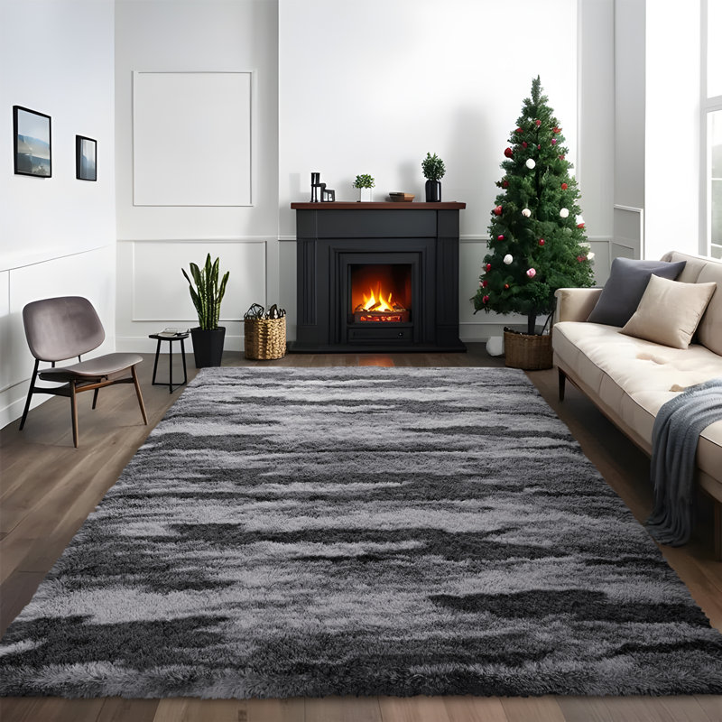 Tapis à poils longs moelleux et moderne à motif abstrait moderne, Rectangulaire 8 pi x 10 pi