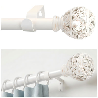 Weathered White Curtain Rod for Windows 84 Inch, Adjustable 1 Inch Single Splicing Drapery Rods with Openwork Vine Finial