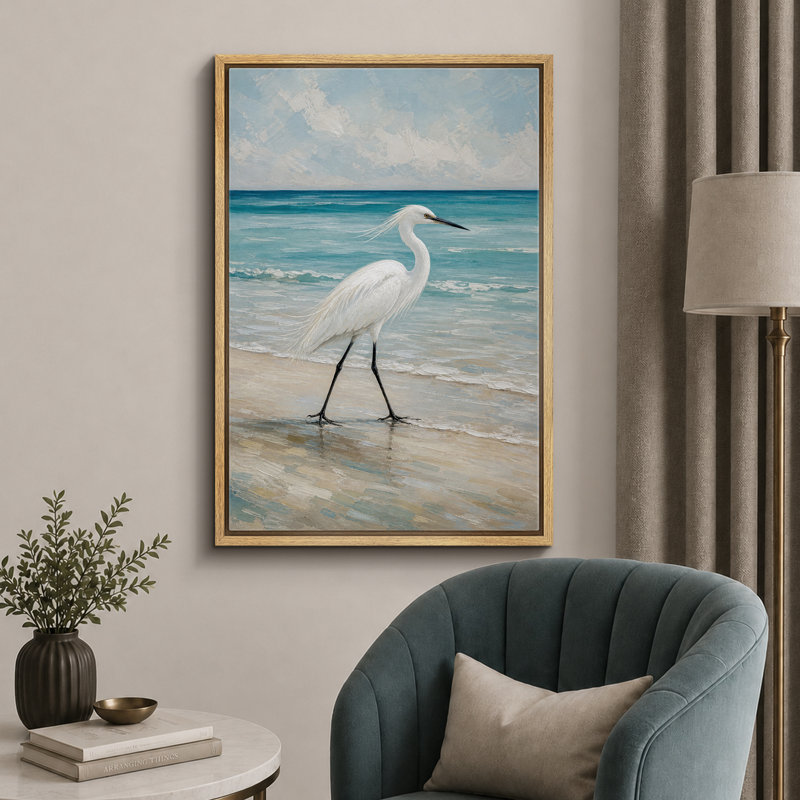 «Coastal Egret Beach», reproduction d'art sur toile encadrée, impression sur toile, 36" H x 24" W x 1.5" D, Natural Frame